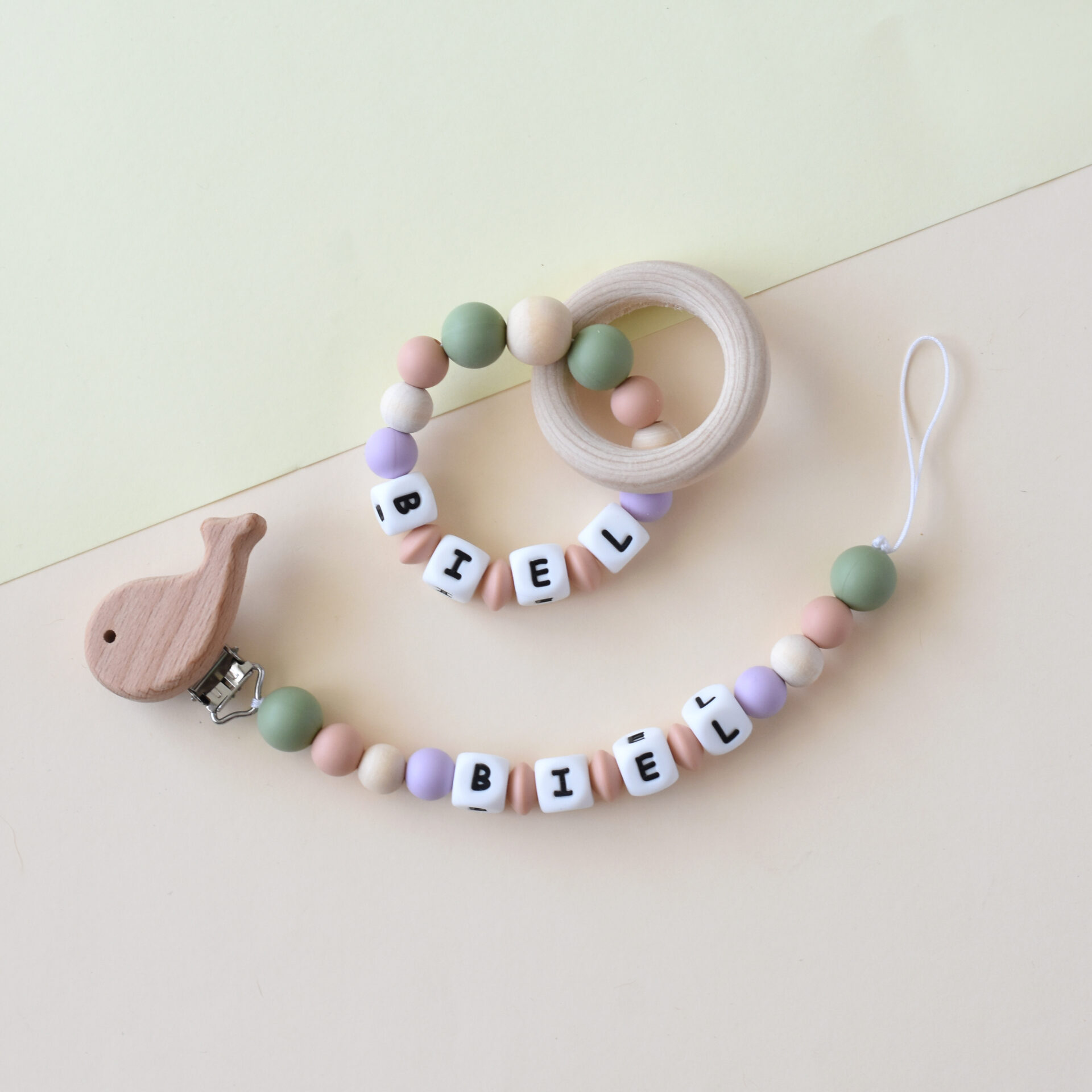 Conjunto personalizable chumeter y mordedor para bebé – regalo para bebé de madera y silicona de grado alimenticio
