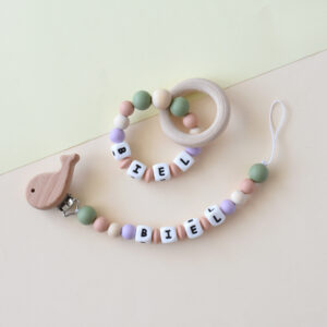 Personalized dummy clip and teether set for baby - natural and handmade