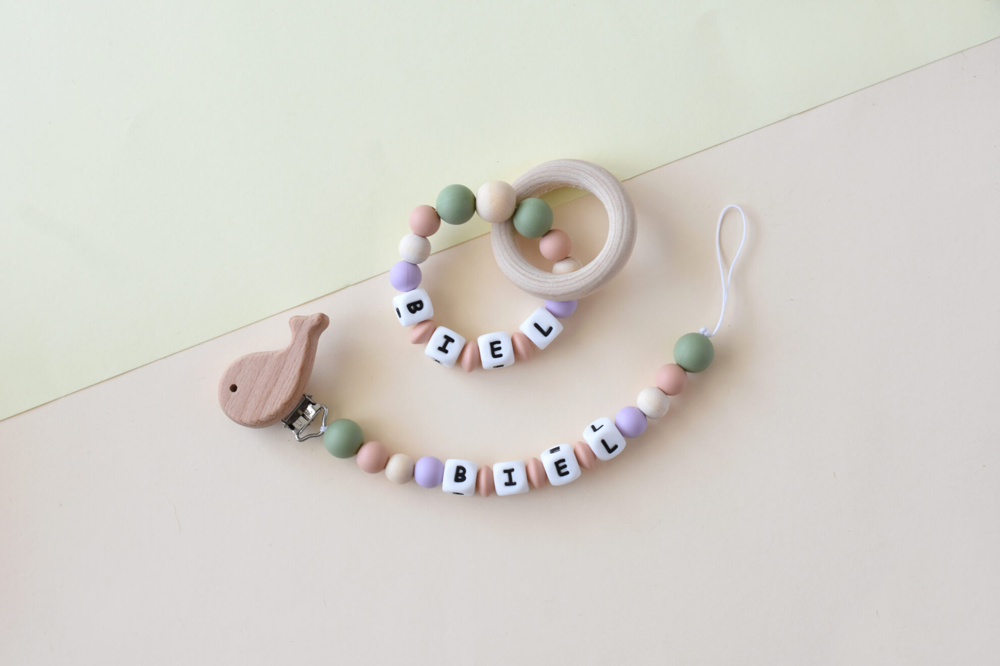 Personalized dummy clip and teether set for baby - natural and handmade