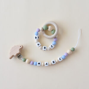 Personalized dummy clip and teether set for baby - natural and handmade