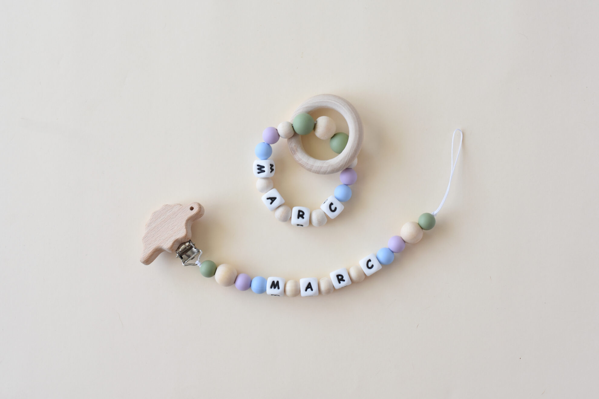 Personalized dummy clip and teether set for baby - natural and handmade