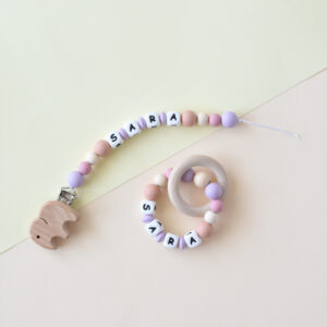 Personalized dummy clip and teether set for baby - natural and handmade