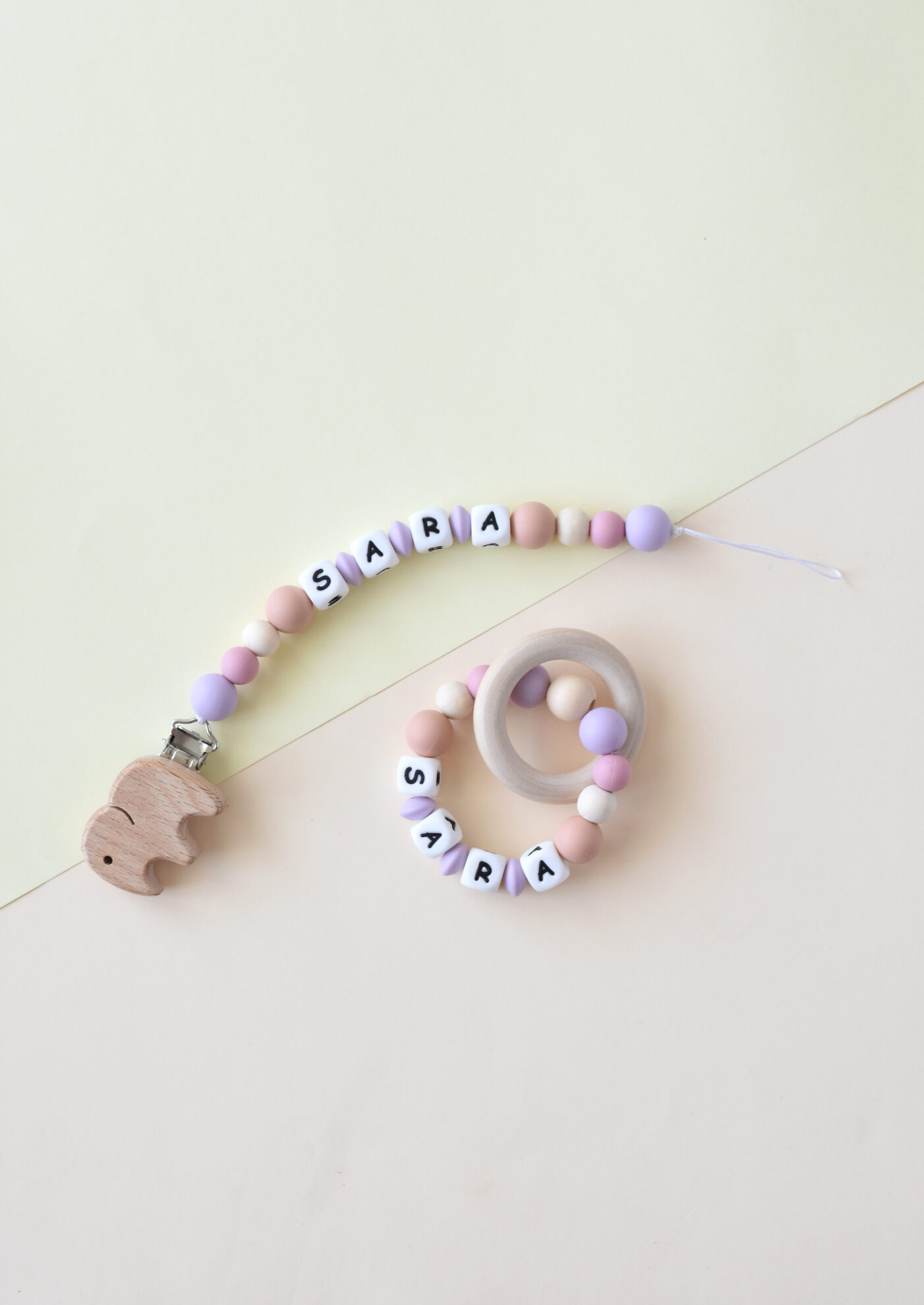 Personalized dummy clip and teether set for baby - natural and handmade