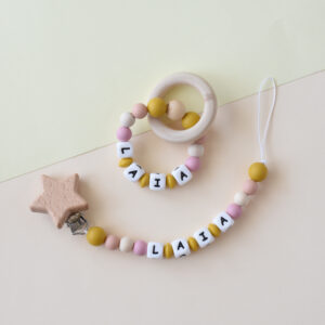 Personalized dummy clip and teether set for baby - natural and handmade