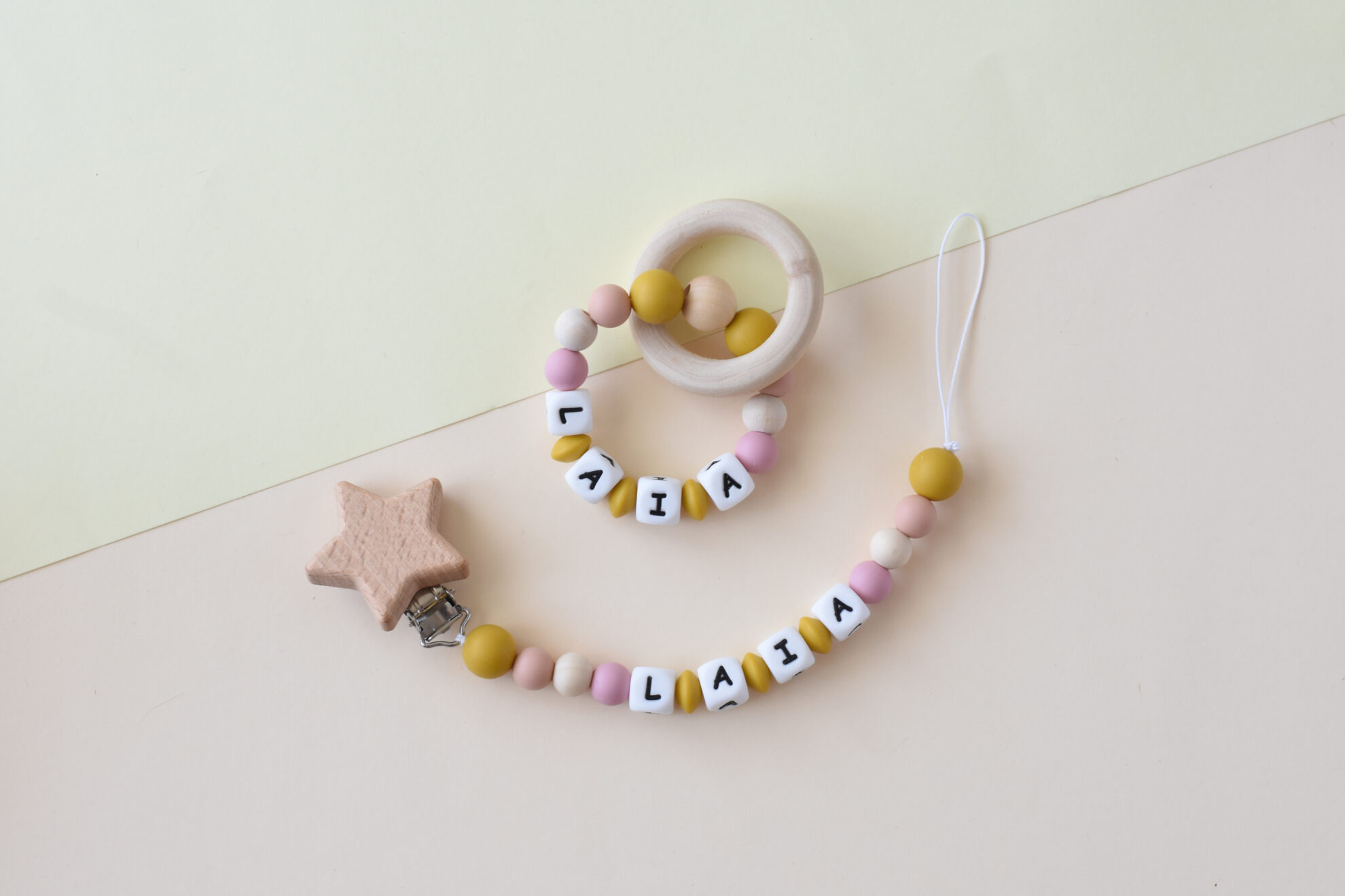 Personalized dummy clip and teether set for baby - natural and handmade