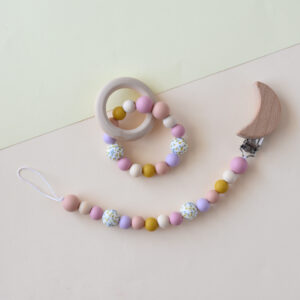 Personalized dummy clip and teether set for baby - natural and handmade