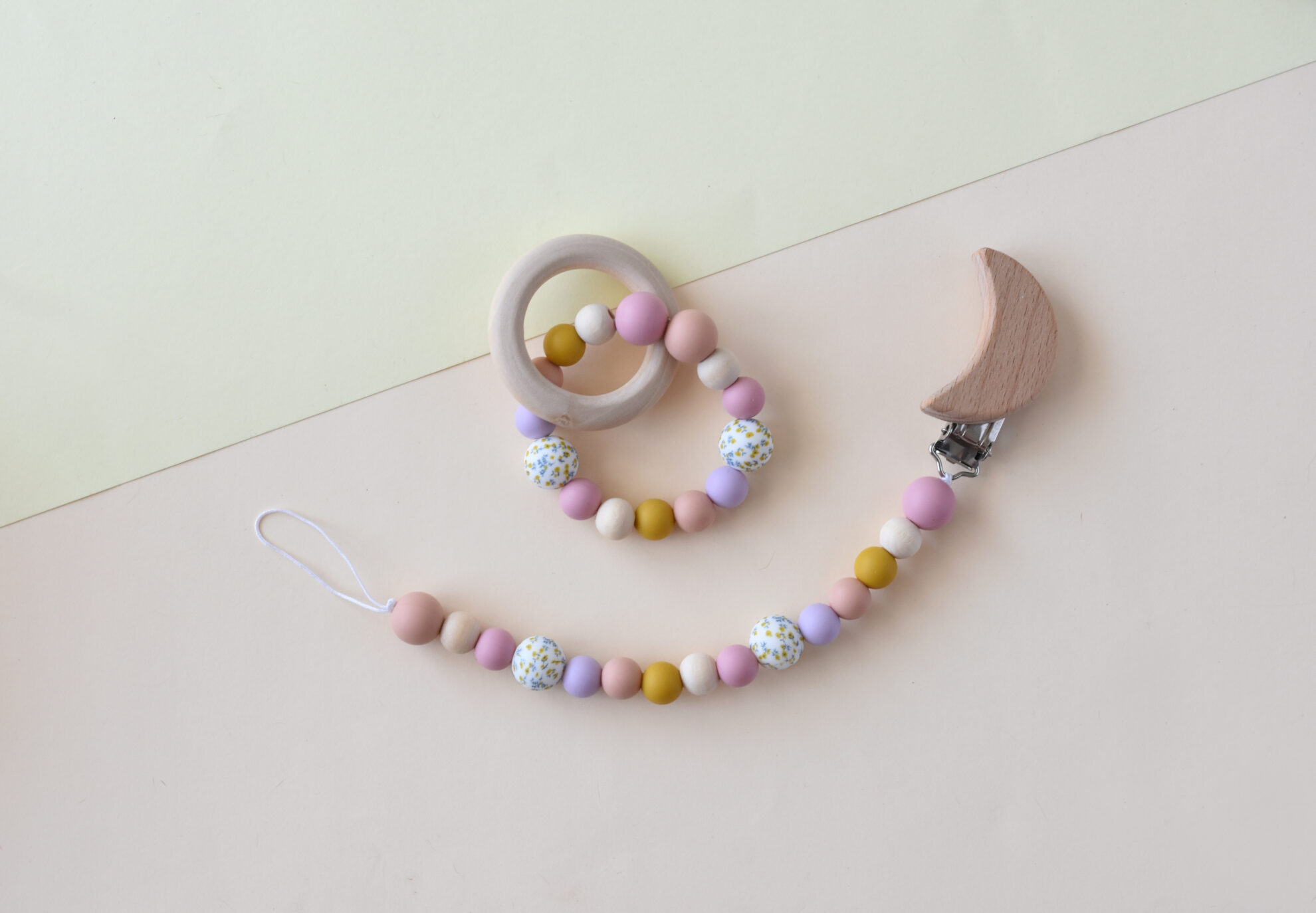 Personalized dummy clip and teether set for baby - natural and handmade