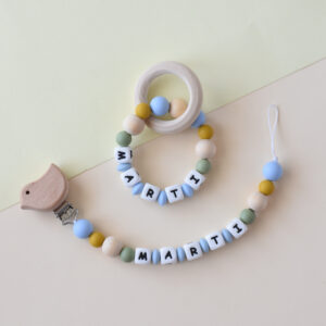 Personalized dummy clip and teether set for baby - natural and handmade