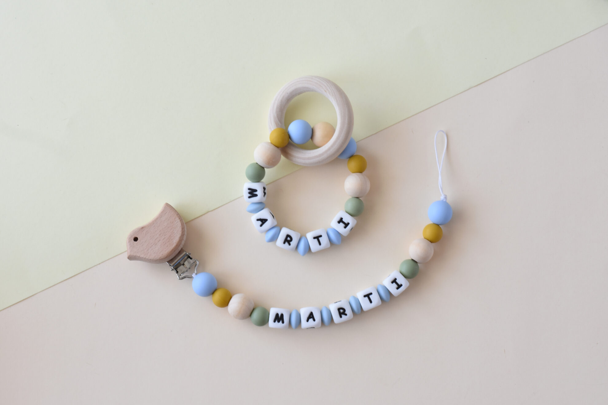 Personalized dummy clip and teether set for baby - natural and handmade