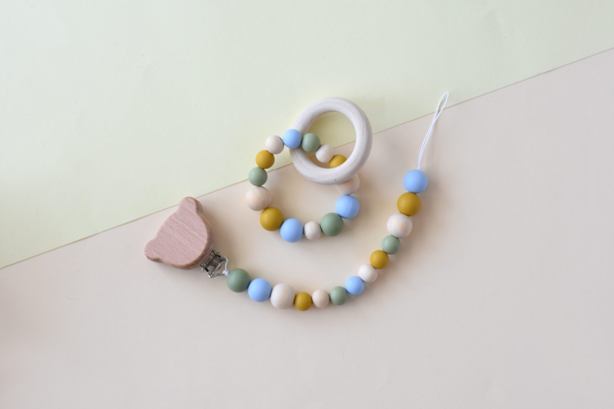 Customizable pacifier and teether set for baby - gift for baby made of wood and food grade silicone
